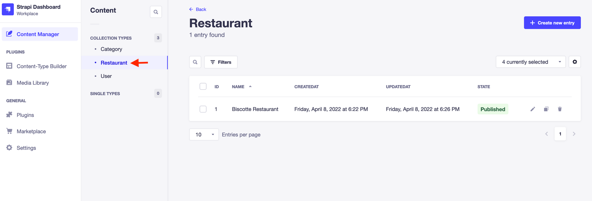 Strapi dashboard: Content manager side menu, arrow indicating the location of the Restaurant Collection Type 