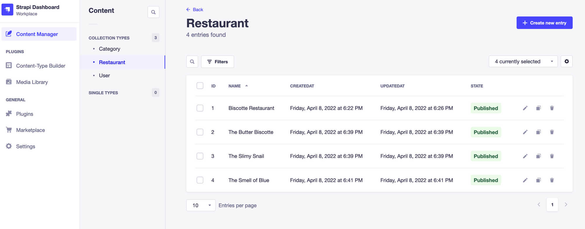 Strapi dashboard: list of the existing restaurant entries in the Restaurant Collection Type page