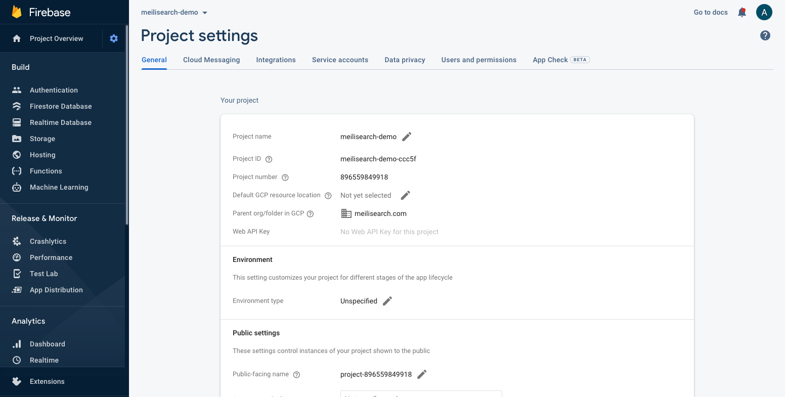 A look at a fresh new Firebase account settings