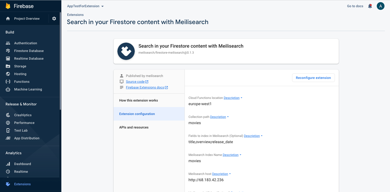 Configuring the Meilisearch extension for Firebase