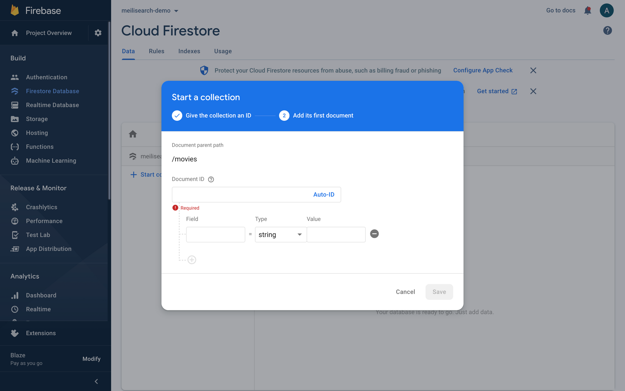 Starting a collection on Firebase