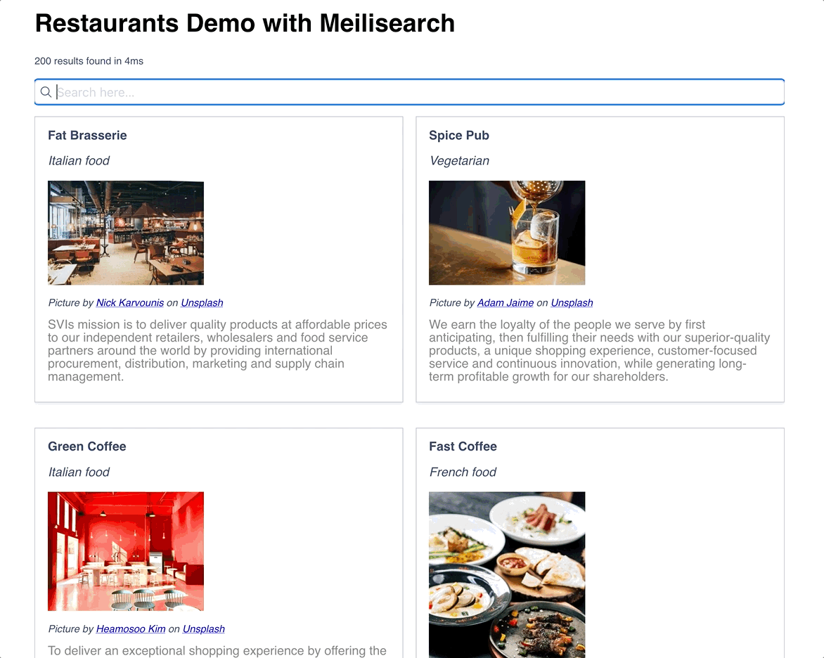 Searching for “bakery” in the restaurant demo using Meilisearch