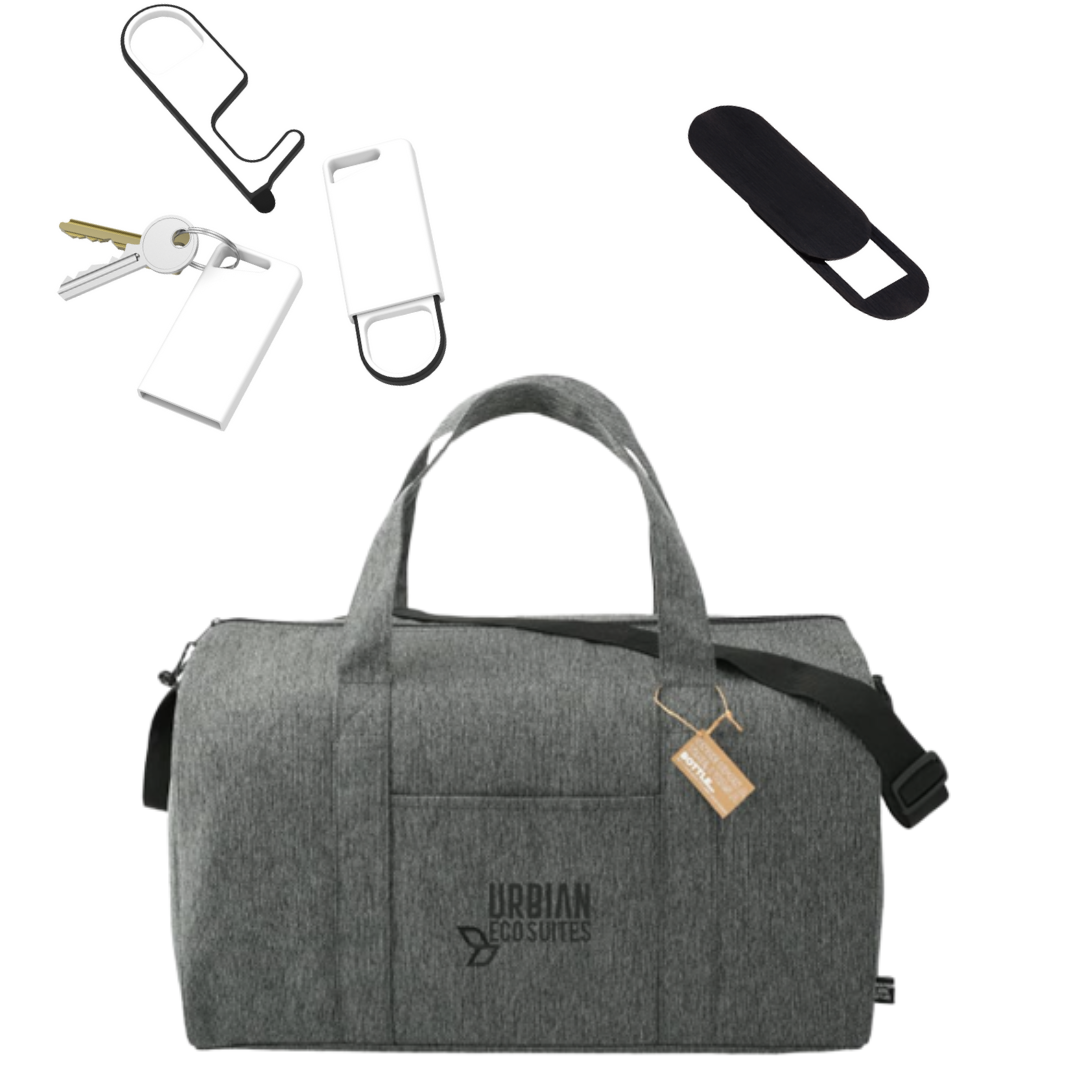 Picture of the swag box products such as a dark duffle bag, a black webcam cover, a white touchscreen