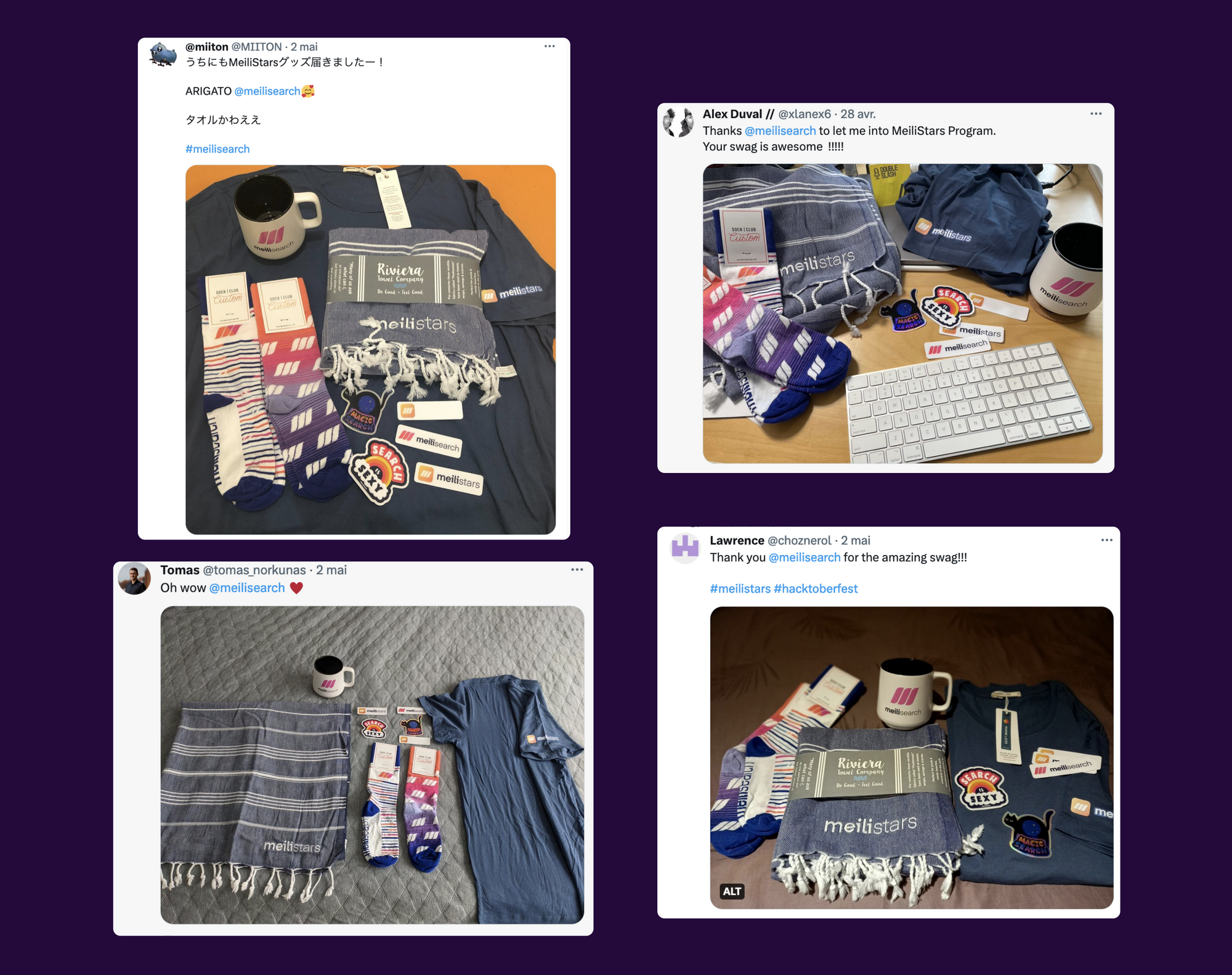 Screencaptures of tweets by Meilistars showcasing received swag