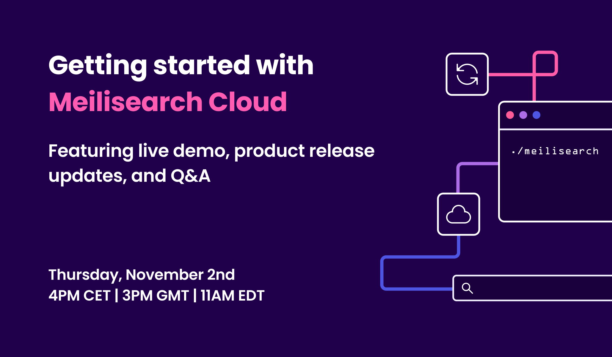 Getting started with Meilisearch Cloud. Featuring live demo, product release updates, and Q&A. Thursday, Novemeber 2nd. 4PM CET, 3PM GMT, 11AM EDT